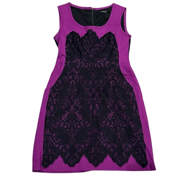 Nanette Lepore Fuchsia and Black Kissing Booth Lace Mini Dress Women’s 6 - Picture 2 of 7